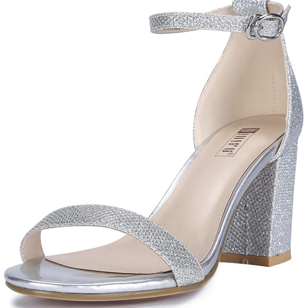 IDIFU Wedding Block Heels Sz 5, Silver, 3in